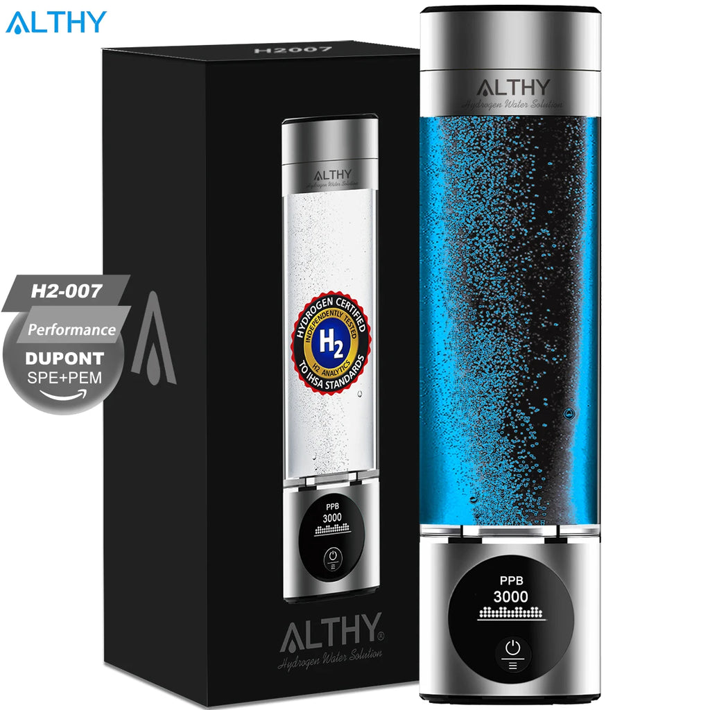 ALTHY Performance Hydrogen Water Generator Bottle DuPont SPE+PEM Dual Chamber + PPB&Time&Battery Display + H2 Inhalation Device
