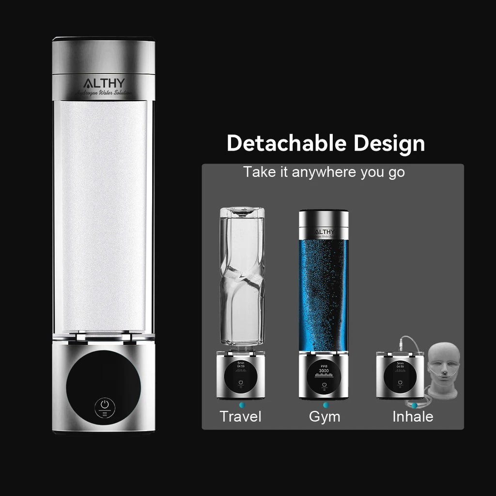 ALTHY Performance Hydrogen Water Generator Bottle DuPont SPE+PEM Dual Chamber + PPB&Time&Battery Display + H2 Inhalation Device