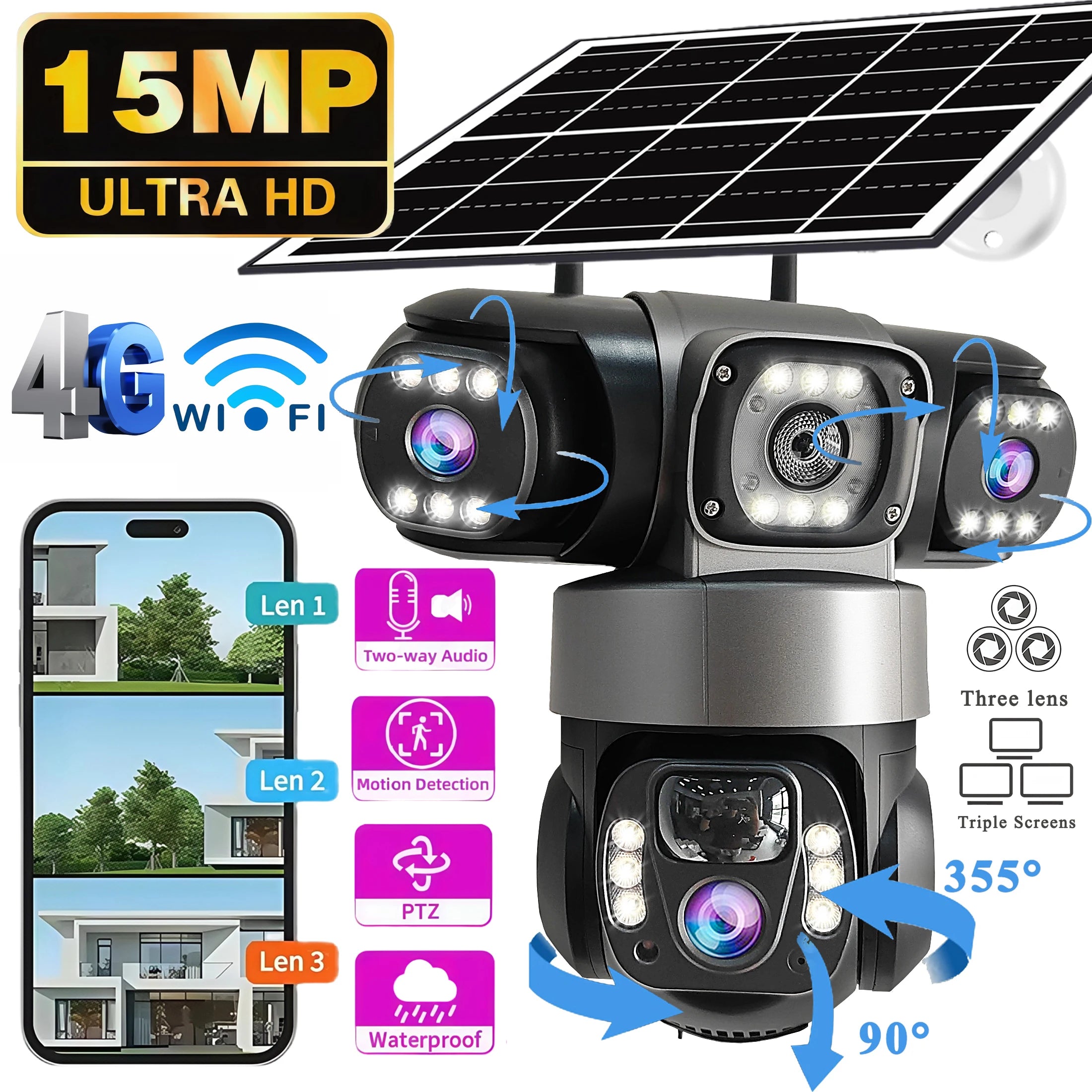 V380PRO 3 Lens WiFi Solar Camera 15MP 360 Outdoor Waterproof CCTV Night Vision Two-Way Audio Camera Mobile Tracking 4G IP Camera