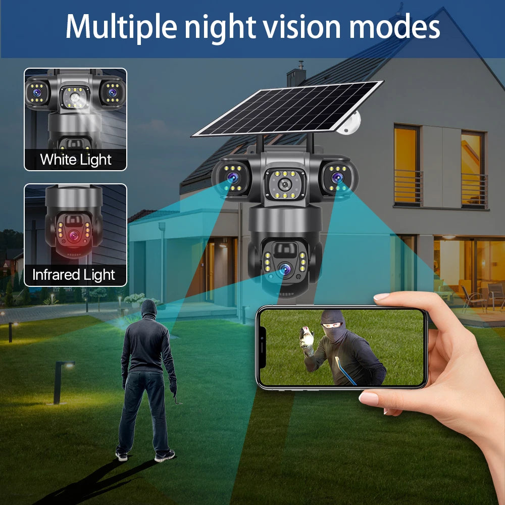V380PRO 3 Lens WiFi Solar Camera 15MP 360 Outdoor Waterproof CCTV Night Vision Two-Way Audio Camera Mobile Tracking 4G IP Camera