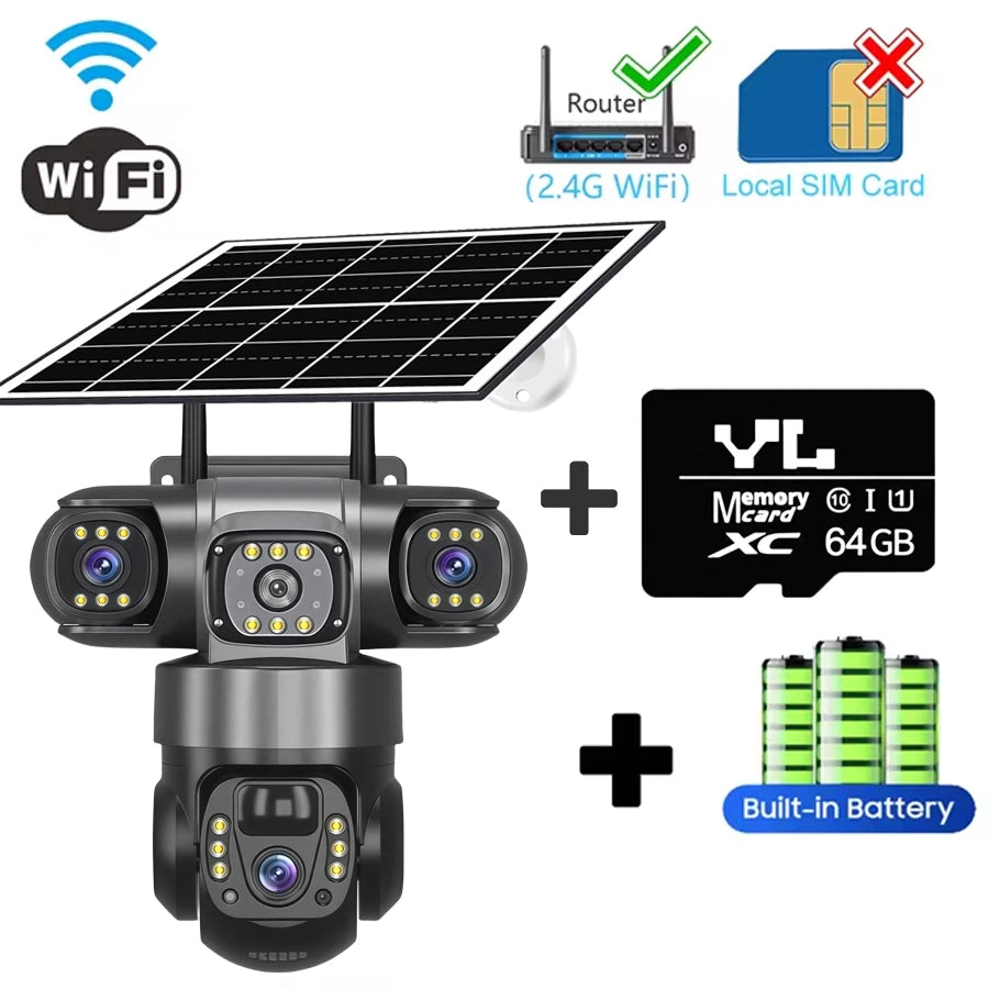 V380PRO 3 Lens WiFi Solar Camera 15MP 360 Outdoor Waterproof CCTV Night Vision Two-Way Audio Camera Mobile Tracking 4G IP Camera