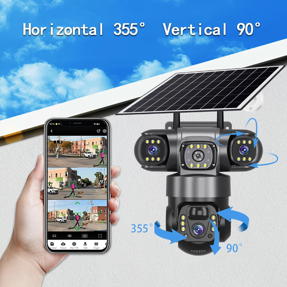 V380PRO 3 Lens WiFi Solar Camera 15MP 360 Outdoor Waterproof CCTV Night Vision Two-Way Audio Camera Mobile Tracking 4G IP Camera