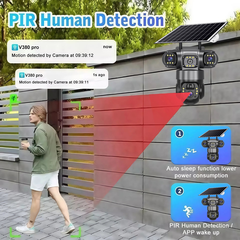 V380PRO 3 Lens WiFi Solar Camera 15MP 360 Outdoor Waterproof CCTV Night Vision Two-Way Audio Camera Mobile Tracking 4G IP Camera